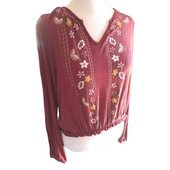 Boho Red Embroidered Peasant Crop Top Women’s S Festival Cottagecore Long Sleeve - Picture 2 of 10